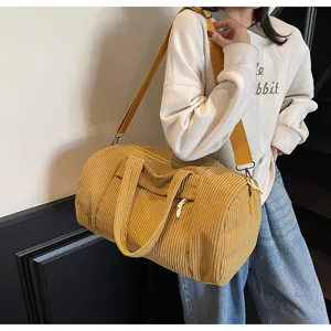 Grande borsa da viaggio in velluto a coste gialla, borsa a tracolla casual in tinta unita.