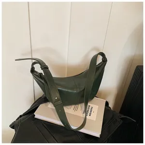 Sac bandoulière croissant en cuir synthétique vert foncé, sac hobo rétro pour femmes usage.