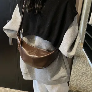 Femme rétro marron sac à bandoulière en cuir élégant sac dumpling tendance automne hiver