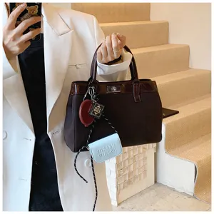Stylish women handbag with top handle and cute charms chic brown tote bag for autumn