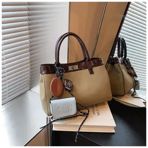 Chic autumn fashion women tote bag high end casual brown khaki messenger bag detail view