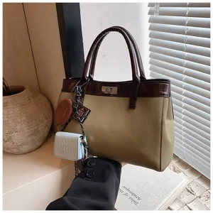 Chic Women's Maillard Tote Bag Casual Handbag with Metal Lock and Cute Pendants