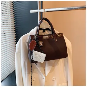 Brown PU leather top handle shoulder bag for women, stylish Maillard style casual handbag daily.