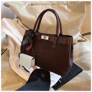 Stylish brown top-handle handbag for women, minimalist Maillard casual crossbody tote bag.