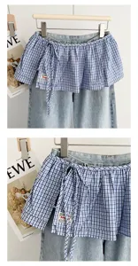 Detailed view of Korean retro blue plaid layered denim skirt with side tie wrap design.