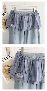 Korean vintage layered denim trousers with blue striped skirt apron adjustable drawstring waist