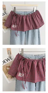 Korean retro plaid lace-up fake two-piece skirt layer jeans fashion stylish detail