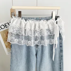 Women denim jeans layered lace ruffle skirt summer sweet tie-up cake skirt casual bottoms