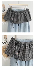 Korean vintage black and white plaid tie wrap skirt layering fashion apparel detail shot