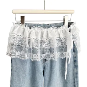 Women denim jeans layered white lace ruffle skirt summer fashionable tie up mini cake skirt main view