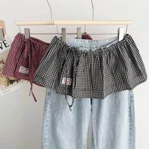 Women Korean Retro Plaid Lace Up Skirt Curtain Double Layer Layering One Piece Decorative Mini Skirt For Styling Clothes Accessory