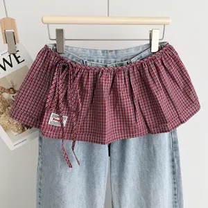 Korean vintage plaid tiered denim skirt false two-piece fake skirt for women spring.