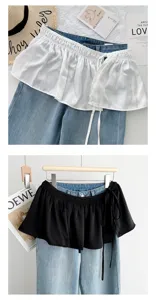 Fake two-piece waist extender skirt, black and white satin hem with denim, trendy streetwear.