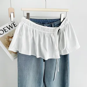 Women denim pants with white ruffle skirt extender fake two piece waist wrap casual chic