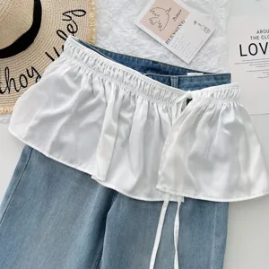 Spring summer women white satin fake skirt hem layered with blue denim jeans trendy versatile