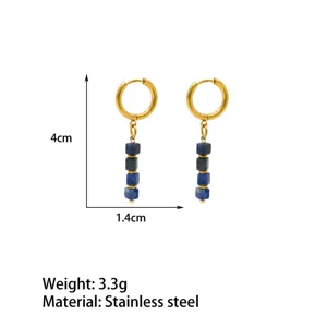 Stainless steel hoop earrings featuring blue lapis lazuli cube beads, 4cm length.