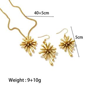 Gold stainless steel floral necklace earrings set, European style trendy jewelry gift.