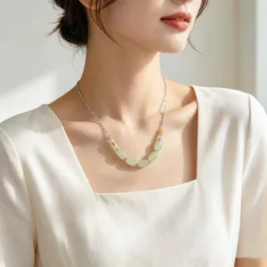 Fashion Stainless Steel Beaded Necklace And Bracelet Set Green Stone Hollow Heart Clavicle Chain Chic Jewelry Gift