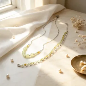 Exquisite light green beaded clavicle chain and heart hollow bracelet jewelry set.