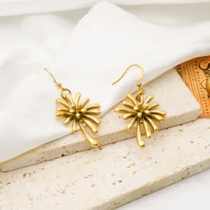 Gold stainless steel flower drop earrings, European trendy heavy industry statement jewelry.