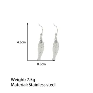 Stainless steel fish dangle earrings, minimalist ocean style women jewelry, lightweight design.