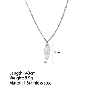 Stainless steel small fish pendant necklace detail, 40cm chain length and 8.5g lightweight.