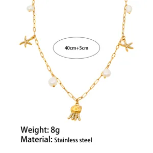 Stainless steel jellyfish pearl necklace, gold plated ocean beach jewelry 40cm+5cm