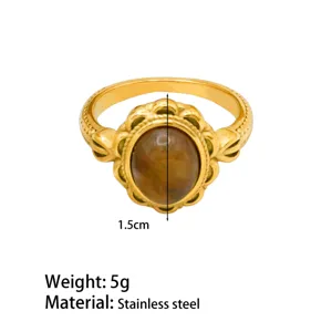 Vintage 18k gold plated stainless steel ring with brown tiger eye stone fashion jewelry