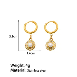 Gold stainless steel pearl rhinestone flower drop earrings elegant fashion women jewelry 3.1cm