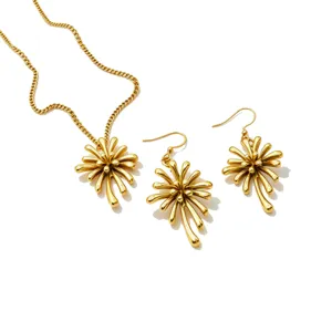 Chic gold-plated stainless steel flower necklace earrings jewelry set for women daily trendy style