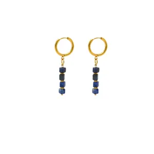 Gold hoop earrings featuring hanging cubic blue lapis lazuli beads for women ethnic jewelry.