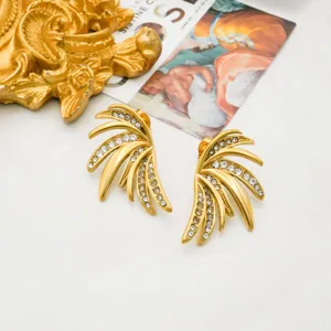 Exquisite rhinestone wing earrings, stainless steel 18k gold plated, elegant detail shot.