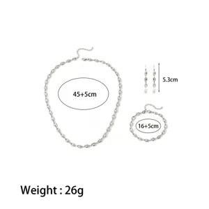 Stainless steel necklace bracelet earrings set with pearls, daily fashion jewelry, 3-piece set.