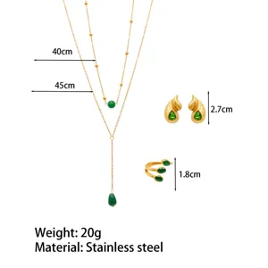 Stainless steel green stone jewelry set detail showing necklace length, earring and ring size.