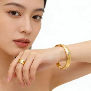Minimalist Stainless Steel Open Bracelet Ring Set Gold Plated Rhinestone Geometric Fashion Jewelry Gift For Women