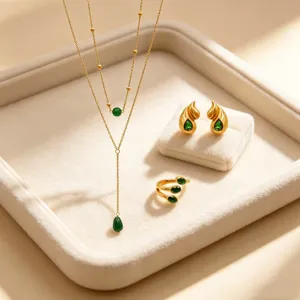 European style stainless steel luxury green gemstone jewelry set including necklace and ring.