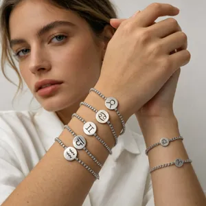 Minimalist Stainless Steel Zodiac Constellation Charm Bracelet With Rhinestone Round Disc Unisex Fashion Jewelry