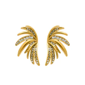 Gold-plated stainless steel wing earrings with sparkling rhinestones for chic daily wear.