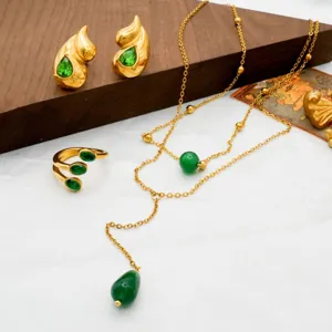 Green stone gold jewelry set, stainless steel vintage earrings necklace and ring items.