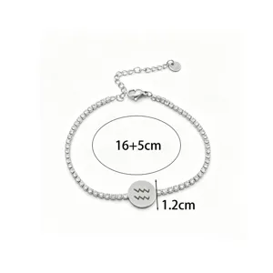 Stainless steel Aquarius zodiac crystal tennis bracelet with adjustable extension chain.