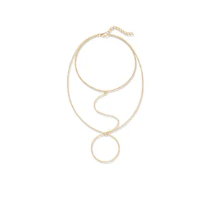 Elegant multi-layer gold hand chain bracelet for women, chic slave ring jewelry accessory.