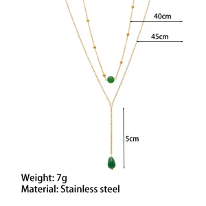 Double layer stainless steel necklace with green agate stone, 18k gold plated fashion jewelry.