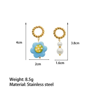 Stainless steel glazed flower and pearl asymmetrical earrings with size guide details.