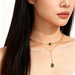 Elegant 18k gold plated double layer stainless steel necklace with green agate pendants.