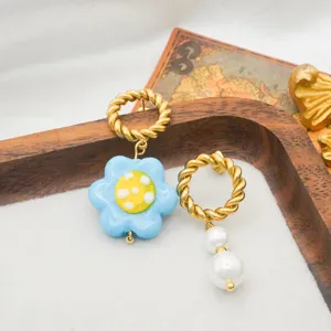 Asymmetric Glass Flower Shell Pearl Stainless Steel Drop Earrings Sweet Korean Style Jewelry Gift For Women