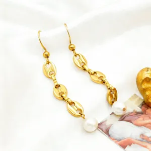Elegant long chain pearl tassel earrings, minimalist gold stainless steel design for women.