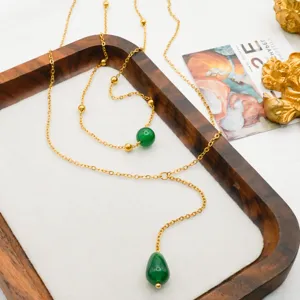 Detailed shot of double-layer stainless steel 18k gold plated green agate necklace