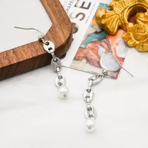 Minimalist Stainless Steel Pig Nose Chain Pearl Tassel Dangle Earrings For Women Gold Silver Plated Fashion Jewelry