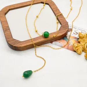 Exquisite 18k gold plated double layer stainless steel necklace with green jade bead details