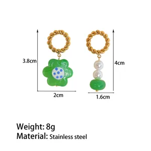 Asymmetrical glass flower and pearl stainless steel earrings detail size specification chart.